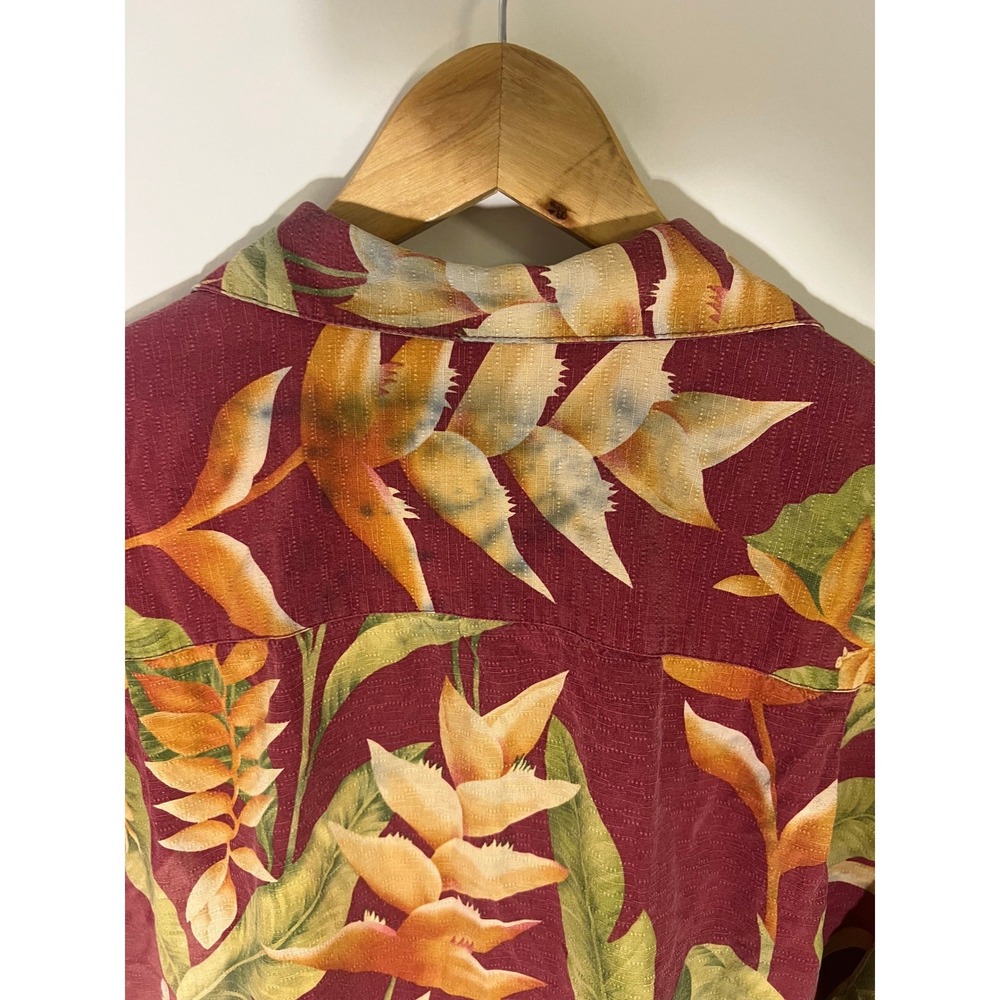 Vintage 100% SILK Mens Hawaiian Shirt Maroon Tropical Floral M Resort 90s - Picture 3 of 11